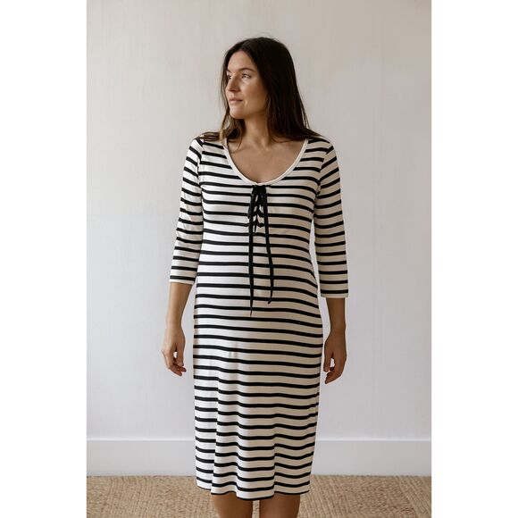 HATCH Maternity Black White Stripe Long Sleeve Rayon Midi Dress  Women's Size 1 - Picture 1 of 10
